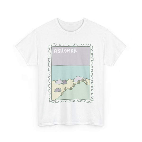 White t-shirt with a graphic design of 'Asilomar' on a white background