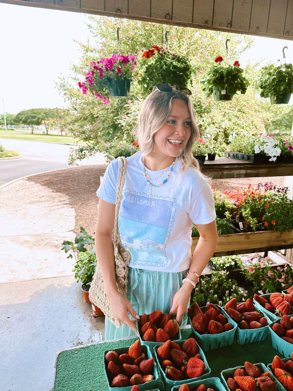 Woman shopping for strawberries at an outdoor market with flowers and plants in the background.