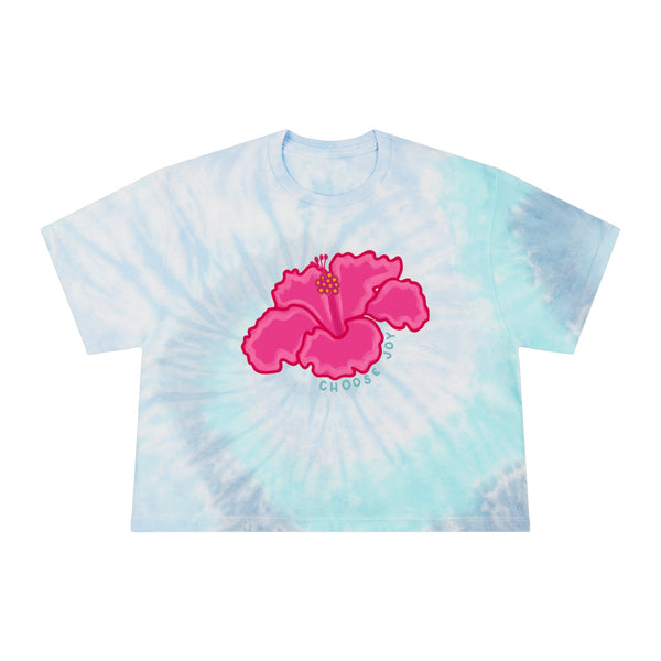 Tie-dye t-shirt with a pink flower design on a white background
