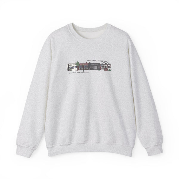 Gray sweatshirt with a small graphic on a white background
