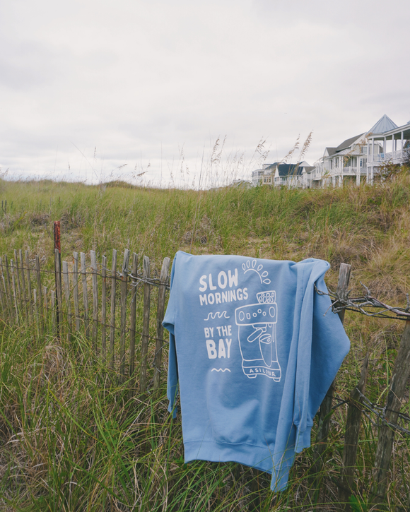 Blue sweatshirt with text and graphics on a fence in a grassy field with houses in the background