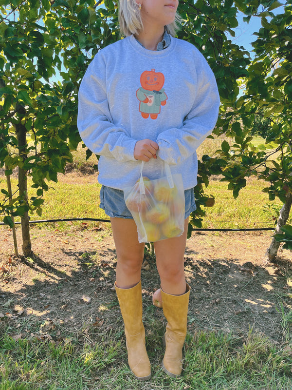 Person holding a bag of apples in an orchard wearing a light grey sweatshirt with a cartoon design and brown boots.