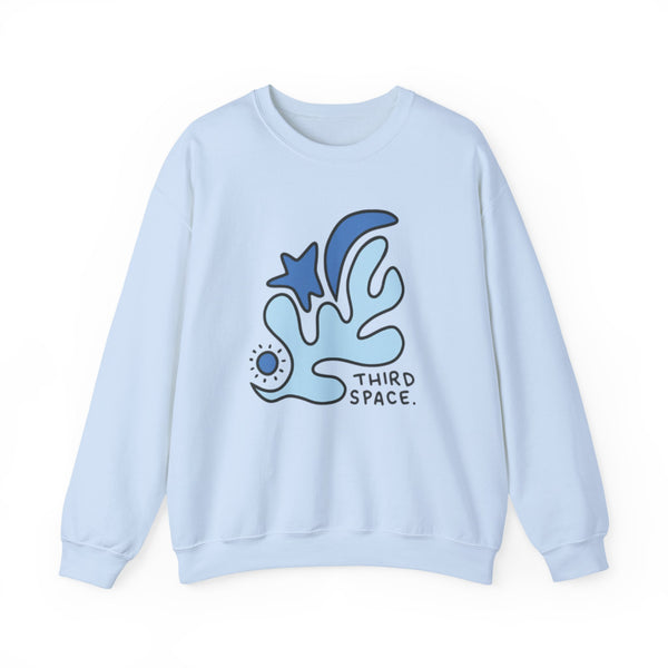 Light blue sweatshirt with abstract design and 'Third Space' text on a white background